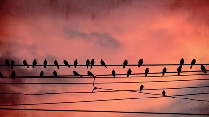A group of birds perches on power lines during sunset, casting dark silhouettes against a vibrant sky filled with hues of orange and pink. The scene is tranquil and captivating.