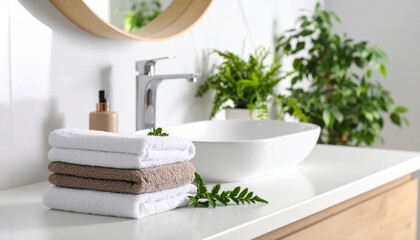 Fototapeta premium Modern interior design featuring a luxurious bathroom with a clean, white towel and a vibrant green accent wall, complemented by elegant furniture and architectural lighting