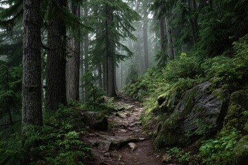 Fototapeta premium Explore the tranquility of a Pacific Northwest forest trail winding through lush greenery and towering trees on a misty day