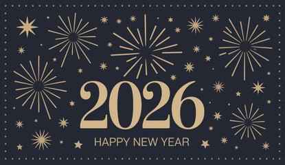 Happy New Year 2026 Vector – Golden Fireworks Burst over Dark Blue Sky,