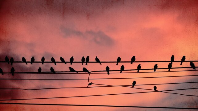A group of birds perches on power lines during sunset, casting dark silhouettes against a vibrant sky filled with hues of orange and pink. The scene is tranquil and captivating.
