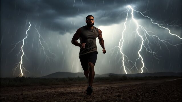 A runner braves a storm with lightning in the background.