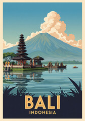 vintage travel poster of Bali, Indonesia, with mountain landscape and temple over the lake. 