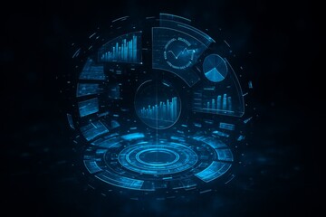 A global business intelligence dashboard displaying key performance indicators. This holographic interface provides a complete overview. A powerful tool for any dashboard.