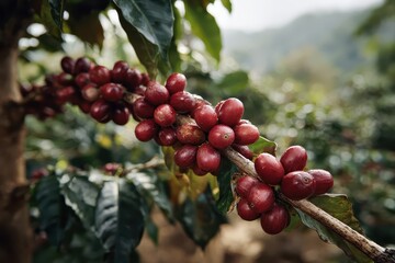 Discover organic coffee beans growing in a lush farm setting surrounded by greenery under the soft morning light