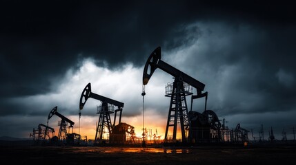 Dramatic Sunset Over Oil Pumps in an Industrial Landscape Under Dark Stormy Skies