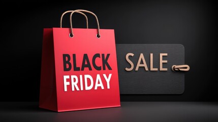 A vibrant red shopping bag marked with Black Friday is featured alongside a price tag indicating a sale. The setting highlights the excitement associated with seasonal shopping events.