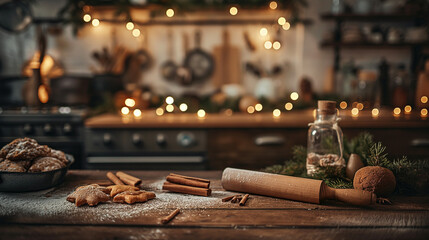 Obraz premium Cozy christmas kitchen with baking ingredients and warm lights