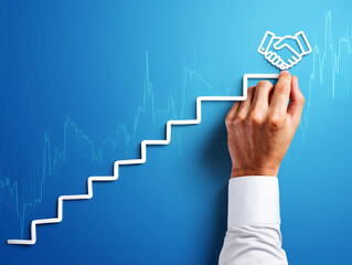 Hand drawing white line graph and handshake symbol on blue background