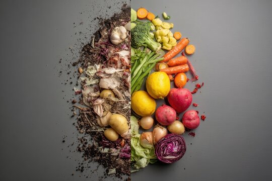 Exploration of food waste and fresh produce showcasing the contrast between discarded items and healthy vegetables