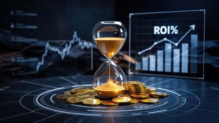 ROI Return On Investment Concept Hourglass And Coins On Futuristic Digital Interface With ROI Graph And Financial Data Time Value Money Tech Finance