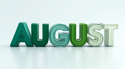 The word august spelled out in large green and white letters on a white surface in a studio shot