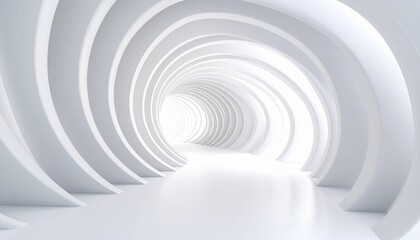 Obraz premium Abstract white background with a futuristic 3D tunnel design featuring a circular pattern of swirling architectural light and geometric curves