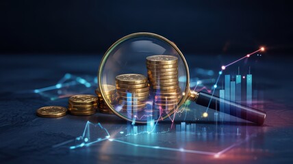 Financial Data Analysis Investment Concept Magnifying Glass Over Stacked Coins Abstract Graphs Overlay Bar Chart Connected Points Dark Background Research
