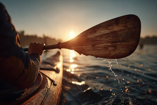 Close up of a man's hand gripping a kayak paddle against a stunning sunset reflecting on calm waters while enjoying a serene evening on the lake with nature's beauty surrounding