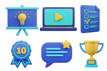 3D set learning and presentation icons with light bulb, laptop play button, checklist, comment, top badge, and trophy award

