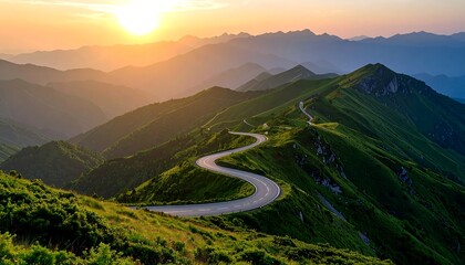 Winding mountain road at sunset