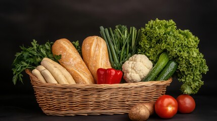 Summer Veggie Rolls Concept. Fresh Vegetables and Breads in a Basket on Dark Background, Healthy Eating Concept