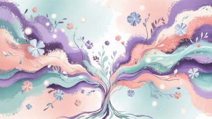 Whimsical Tree with Spreading Branches in a Flowing Pastel Fantasy
