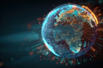 Futuristic planet hologram illustrates advanced digital representation with bright colors, highlighting geographical details of Earth and its features in a modern visual format