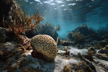 Fototapeta premium Bright brain coral thriving on a vibrant coral reef in Bonaire showcasing underwater biodiversity and marine life