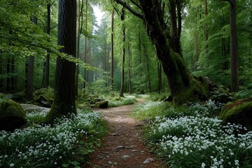 Obraz premium Sunlight filters through lush green trees in a serene spring forest with blooming flowers and scenic pathways inviting exploration