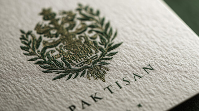 Close up of embossed crest with olive branches and text on textured paper surface in soft lighting