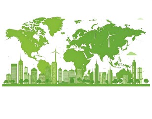 Global sustainable cityscape. Green world map with city skyline and wind turbines