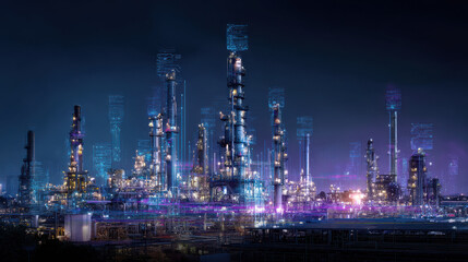 Obraz premium Futuristic industrial landscape with illuminated towers and structures night, showcasing