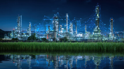 Obraz premium Modern industrial complex illuminated night, showcasing advanced technology and connectivity