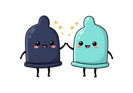 Cute cartoon condoms smiling and holding hands with sparkles  