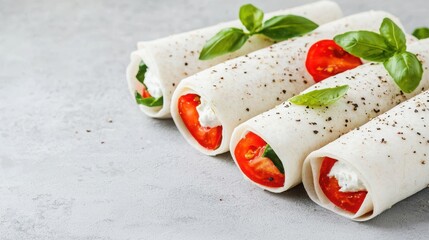 Summer Veggie Rolls Concept. Fresh Tomato and Cream Cheese Roll-Ups with Basil Leaves on Gray Background