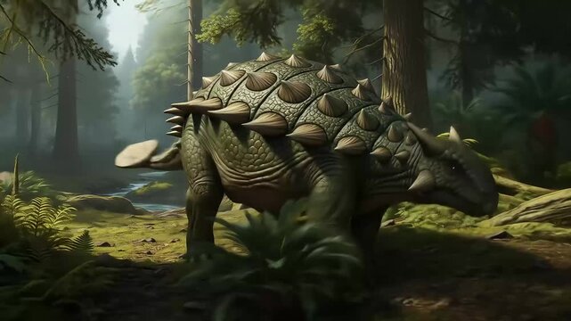 A heavily armored dinosaur walks through a lush forested environment