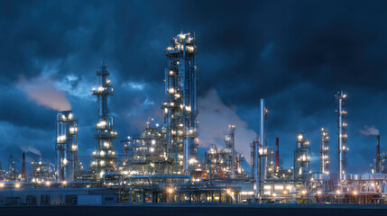 Industrial facility with illuminated structures dramatic sky, showcasing advanced technology