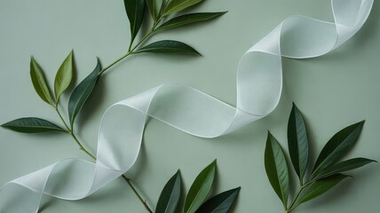 Wavy White Ribbon Flowing Over Rich Green Leaves on Pastel Surface