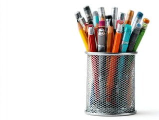 Assorted pens and pencils in a metal mesh holder