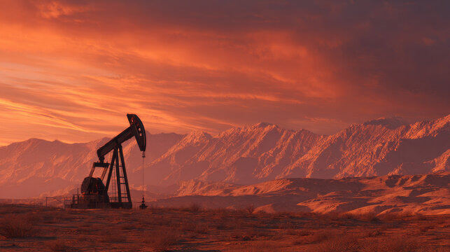Oil pump jack silhouette against dramatic sunset sky with mountains background, creating