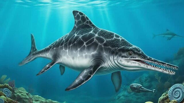 A predatory Ichthyosaur with sharp teeth swims in the ocean