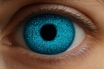 Concept of artificial intelligence and machine vision. A robotic eye with circuit board iris processing visual information. Perfect for themes of AI development and advanced computer vision.