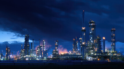 Industrial facility night with illuminated structures and dark clouds creating dramatic