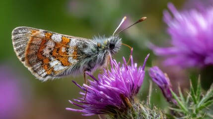 A colorful butterfly with intricate patterns rests on a bright purple flower, surrounded by lush green foliage on a warm sunny day. Nature showcases its beauty.