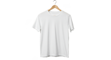 White t shirt isolated on transparent background on wooden hanger