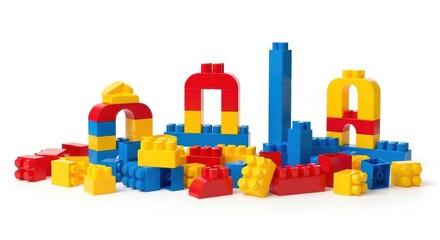 Naklejka premium Colorful building blocks castle construction isolated on white background