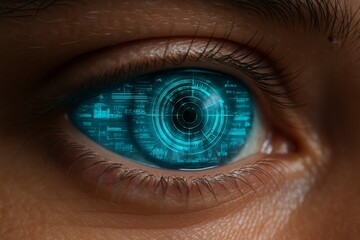 Futuristic augmented reality interface inside human eye. Macro shot of glowing blue data and HUD interface. Perfect for concepts of future technology, AR, VR, and information display.