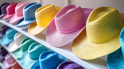 Close up of various summer hats and sun hats