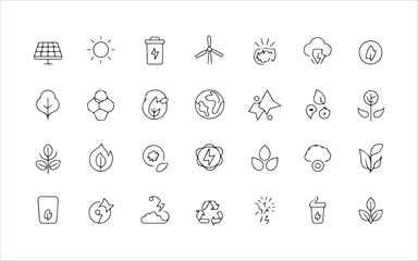 Clean tech and nature icons, solar, wind, air, and eco protection in linear style
