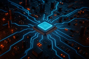 High-tech circuit board background, abstract digital technology presentations, electronic components, digital infrastructure, blue tech theme, modern electronics evolution expansion background image