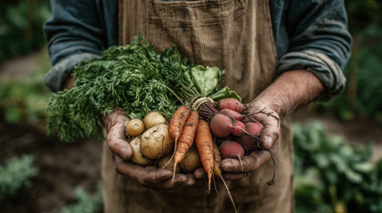 Farmer holding freshly harvested vegetables in hands from garden