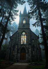 Naklejka premium A serene Gothicstyle church stands majestically in a foggy forest, its stained glass windows glowing softly against the misty backdrop, surrounded by towering trees and a lone spire piercing the dens
