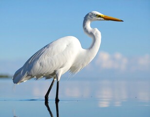 Fototapeta premium Egrete wading in calm water, bright sky